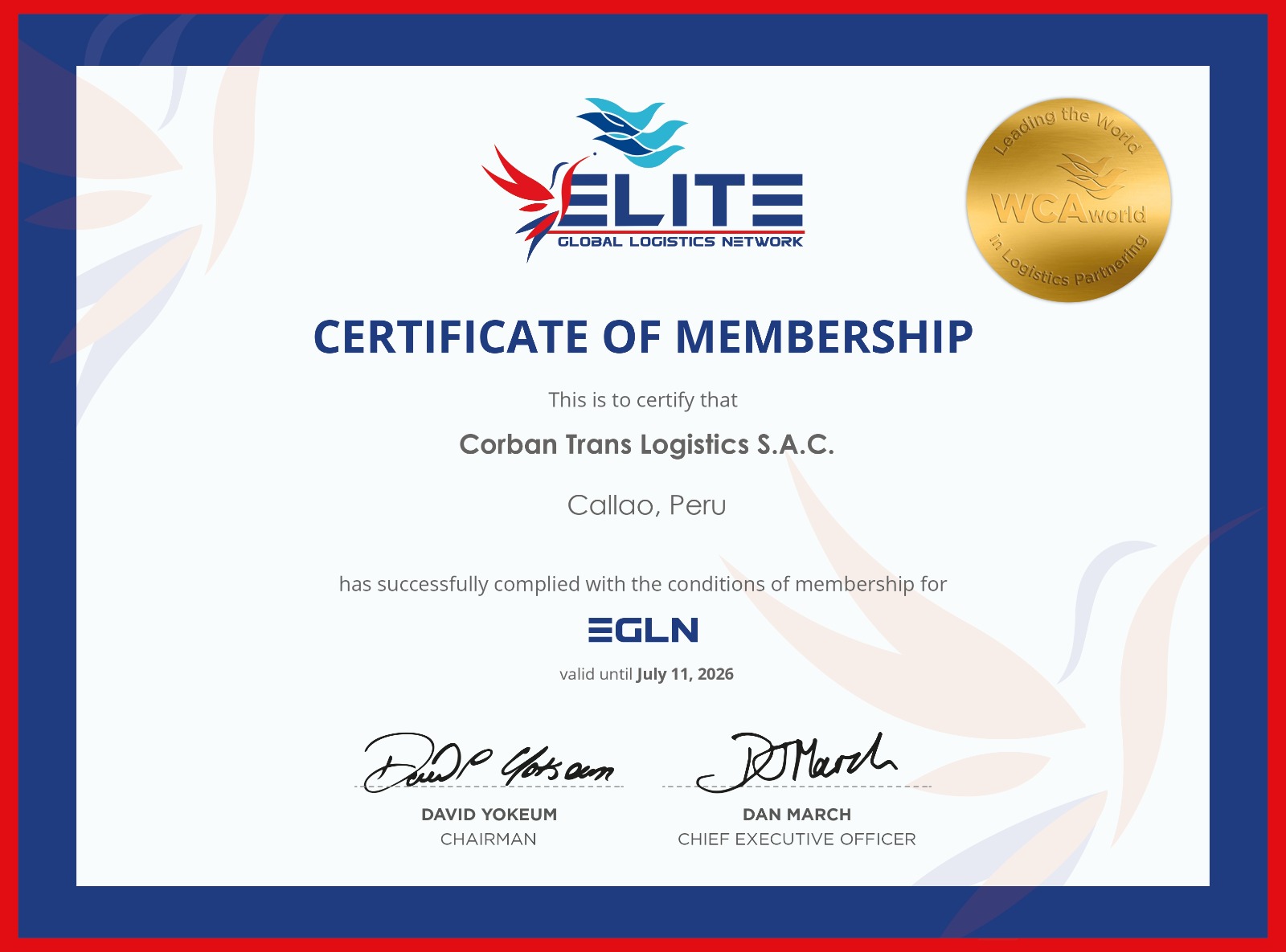 Certificado Grupo Corban Elite Logistics Network